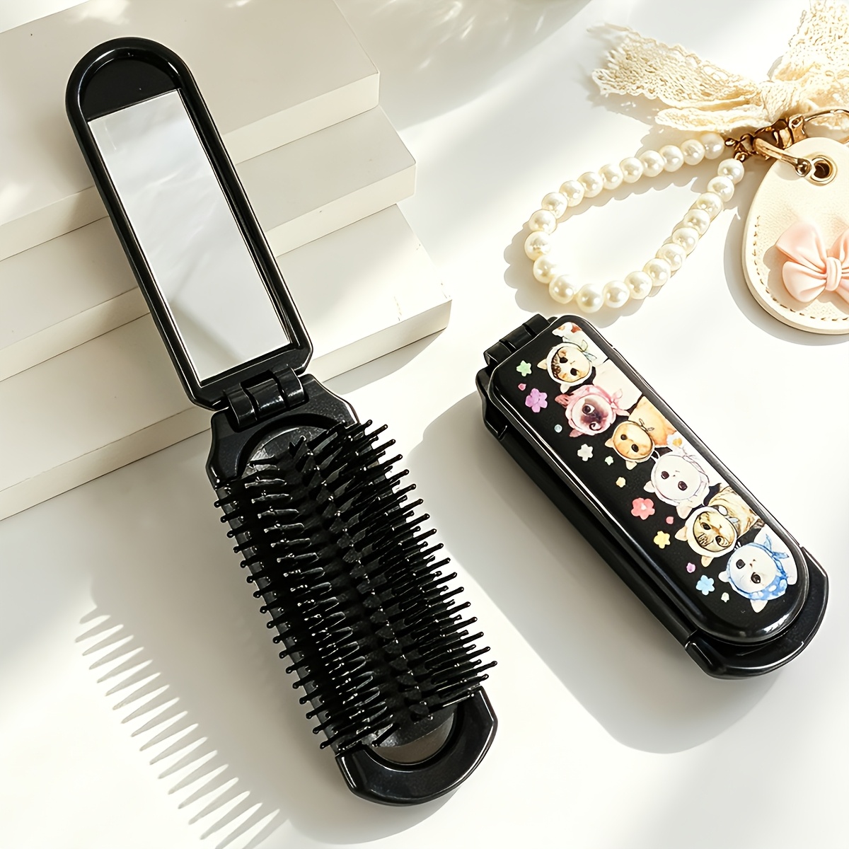 TEMU 1pc Foldable Comb Cute Cat Pattern Portable Comb Foldable Comb Bag Pocket Comb Women's Styling Comb Suitable For Gifting