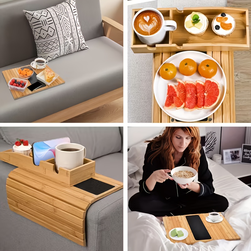 One Foldable Bamboo Sofa Armrest Tray Cup Holder