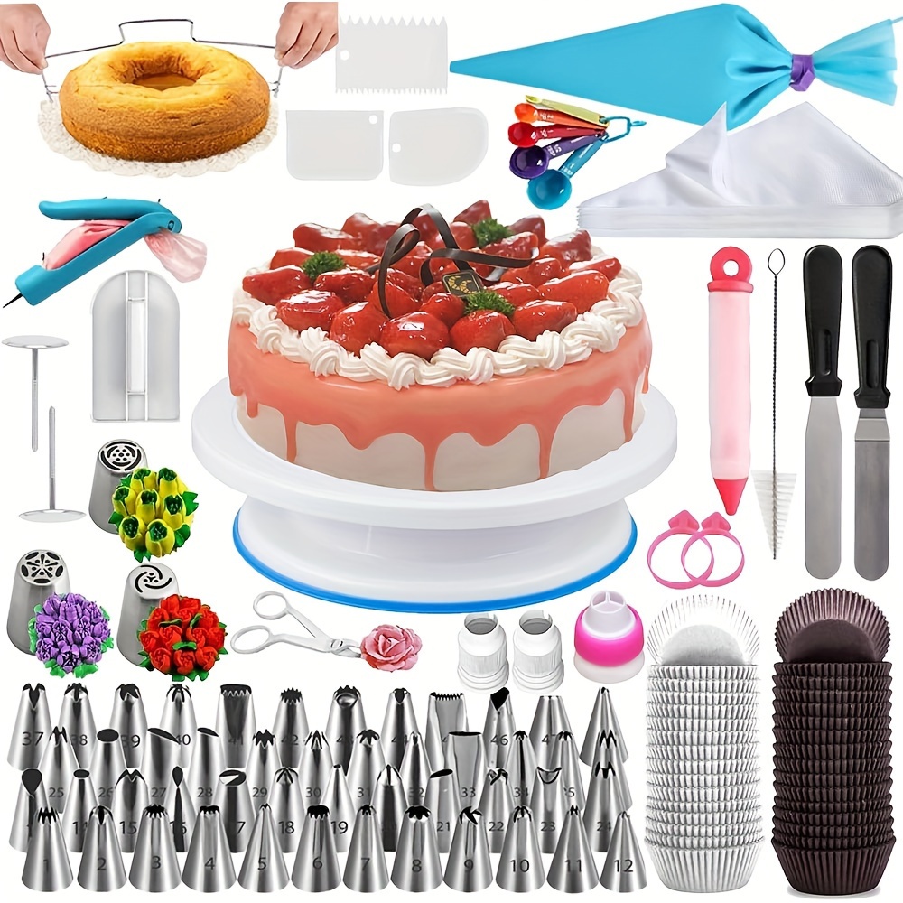 

Cake Decorating Supplies Kit 206pcs Baking Set For Beginners With Cake Turntable Stand Rotating Turntable, Russian Piping Tips Set, Cake Baking Supplies For Cake Lovers