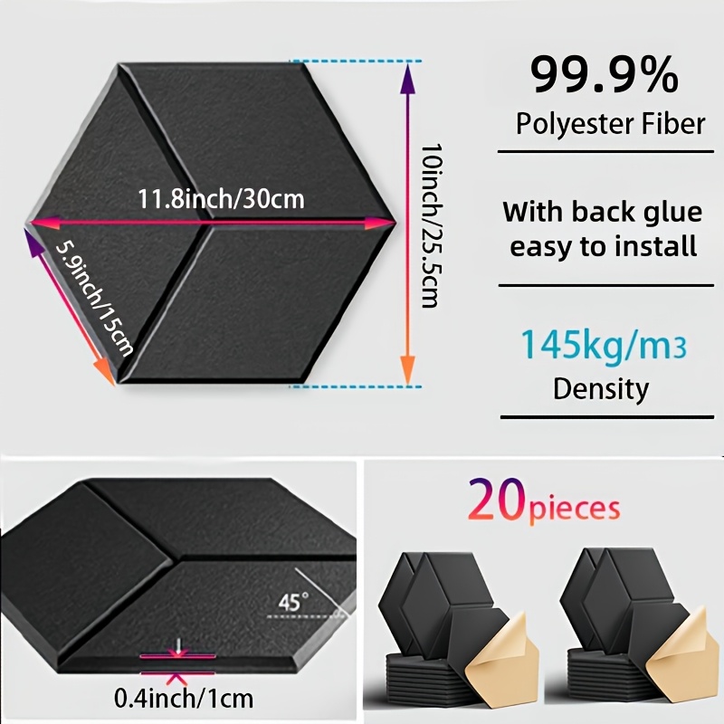 Image of Pack Of 20, Y-shaped Creative Sound-absorbing Panels, Acoustic Panels, Sound-absorbing Boards, Enhance (hexagonal With A Side Length Of 5.9 Inches, 20pcs, Y-shaped Black)