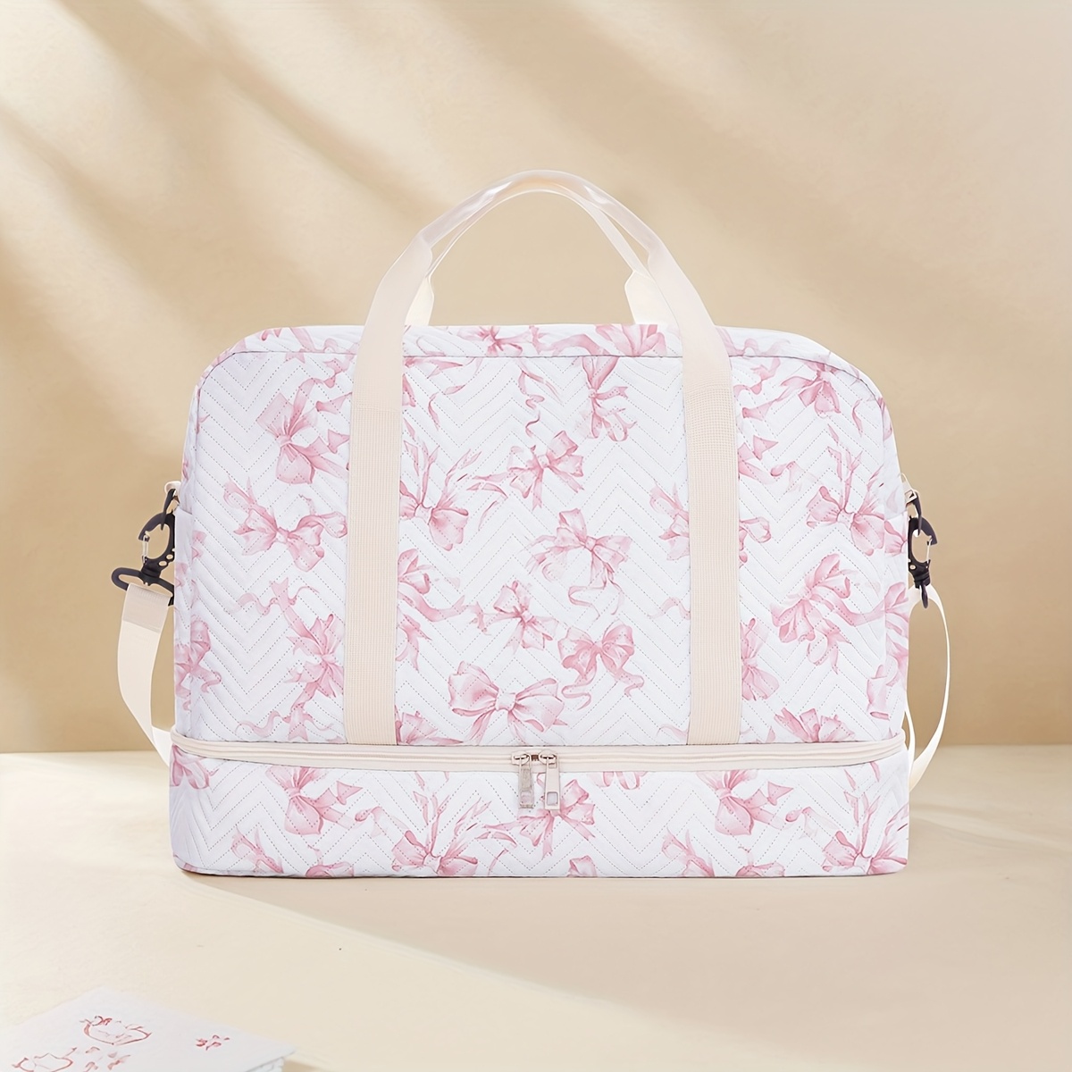 TEMU Pink Bow Pattern Printed Large Capacity Travel Bag, Luggage Bag, Weekend Overnight Bag Organizing Bag, Large Capacity Portable Business Travel