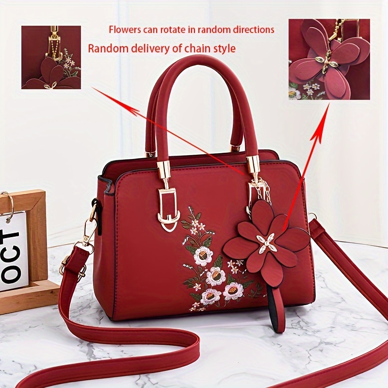 

Casual Floral Embroidered Crossbody Bag For Women, Pu Leather Messenger Handbag With Adjustable Strap, Zip Closure, Polyester Lined, Stain Resistant - Summer 2024 Fashion