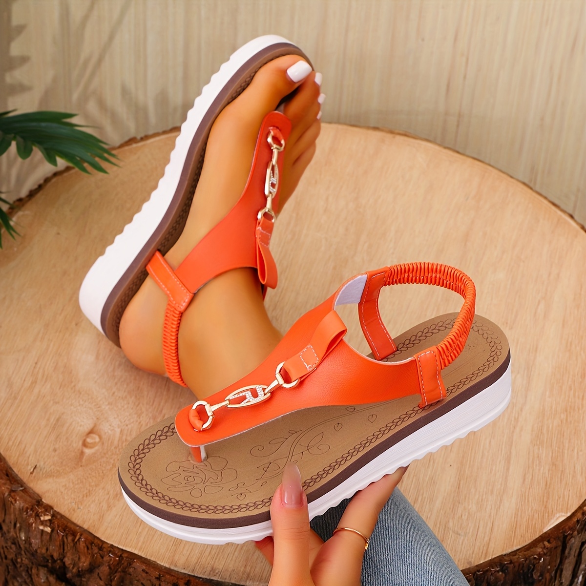 sandales d'été élégantes femmes orange vif talon bas semelle