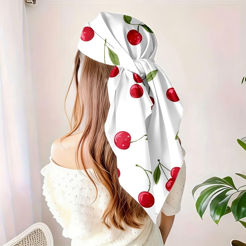TEMU 1 Elegant And Fashionable Square Scarf With Red Cherries And Green Leaves, A Versatile Accessory Suitable For Casual Or Formal Outfits, As A