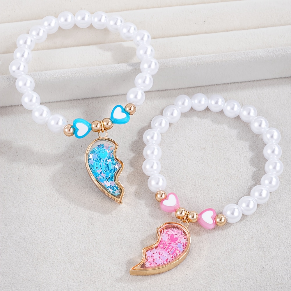 Image of 2pcs Star And Heart Charm Stretch Bracelets For Girls, Bff Friendship Set, Elastic Handchain For Festival, Ideal Birthday Gift For Daughter Granddaughter