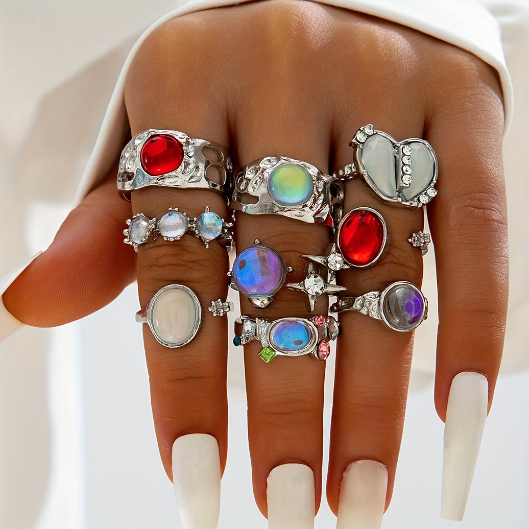 TEMU 9pcs Light Luxury Retro Heart-shaped Inlaid Colored Rhinestone Ring Set, Stackable Geometric Metal Opening Jewelry Set, Ideal Gift For Women's