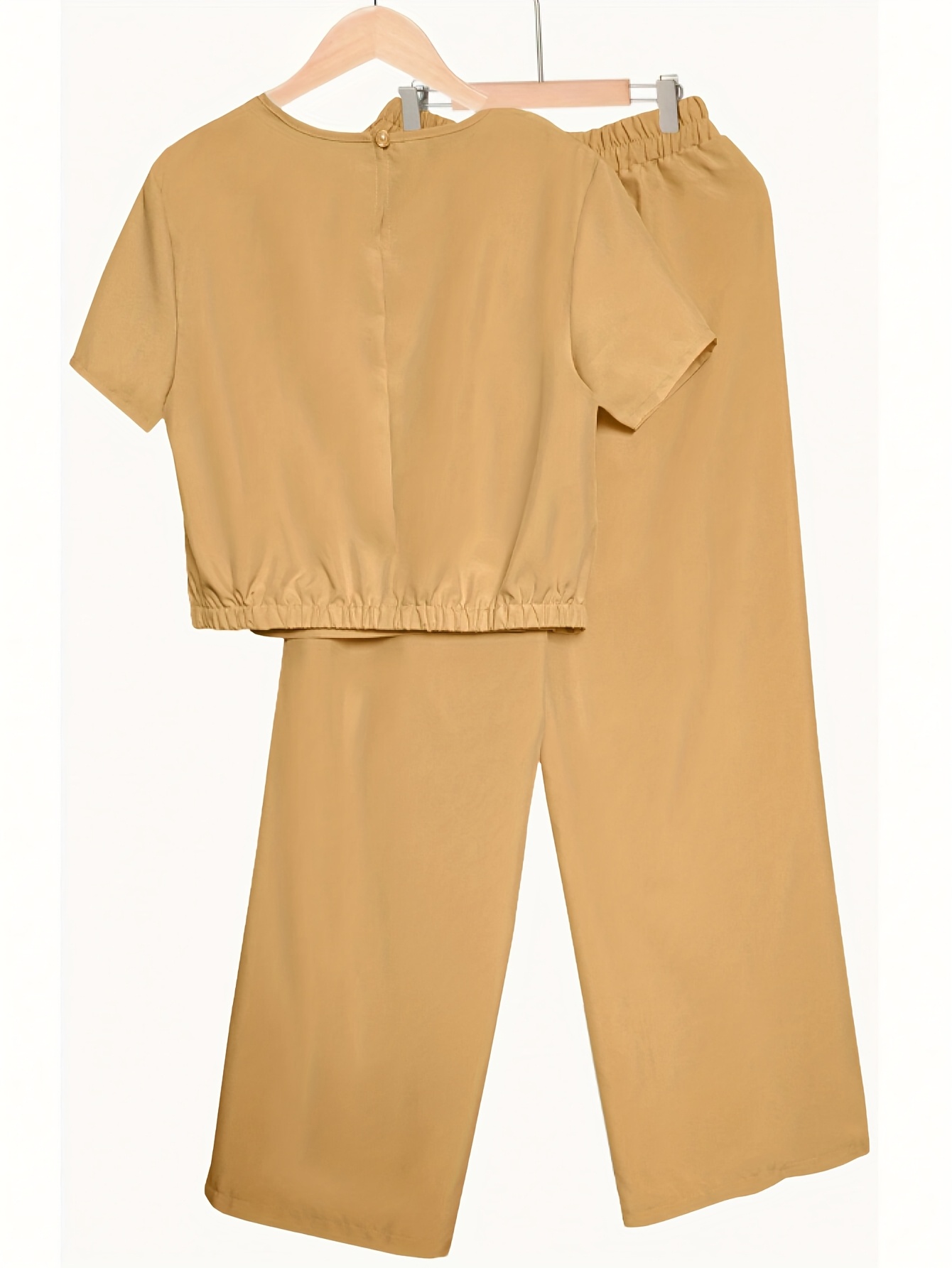 Women'S Elegant Solid Color Short Sleeve Top & Wide Leg Pants Set - Perfect Matching Outfit with Pockets, Crew Neck, Regular Fit for Spring/Summer, Casual Outfit|Elegant Casualwear| Texture