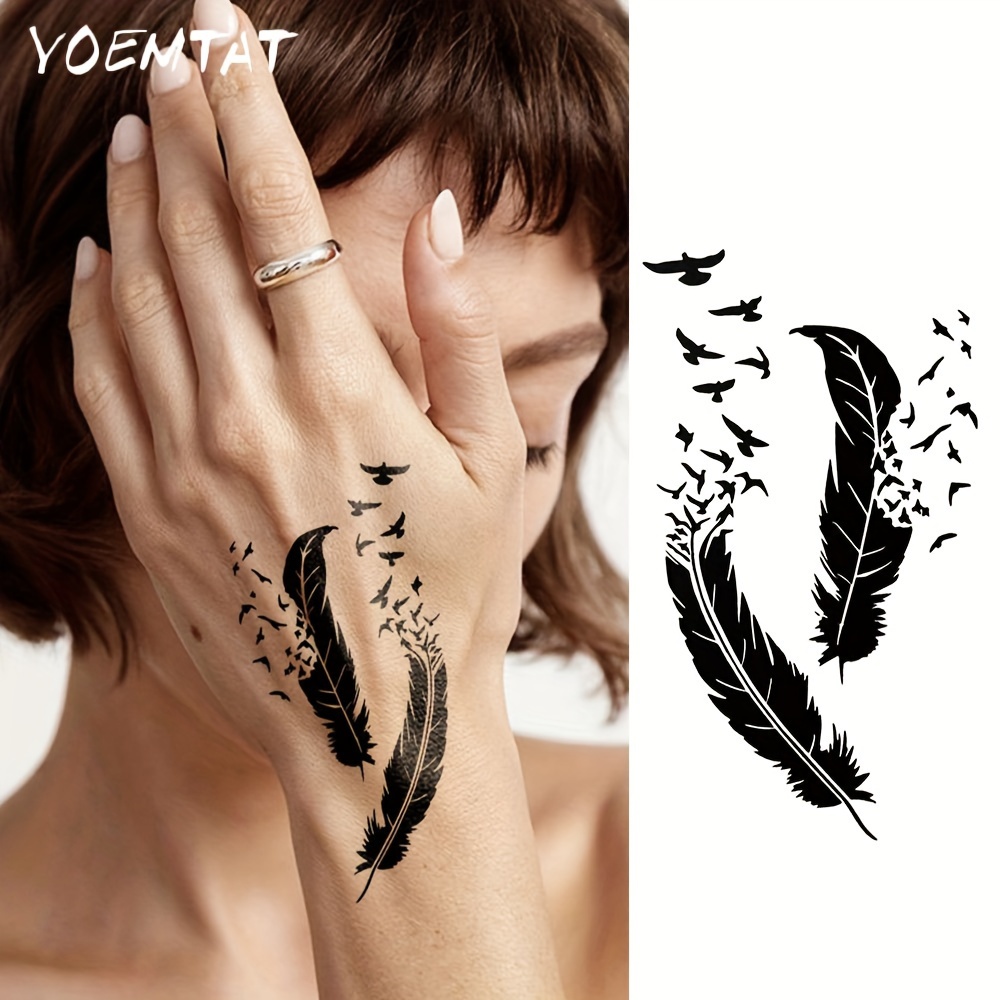 Vanntette midlertidige tatoveringsklistremerker med svart fjær, gåsefugl,  kroppskunst for armer, egnet for både kvinner og menn på nakken og håndledd., image size:1000x1000
