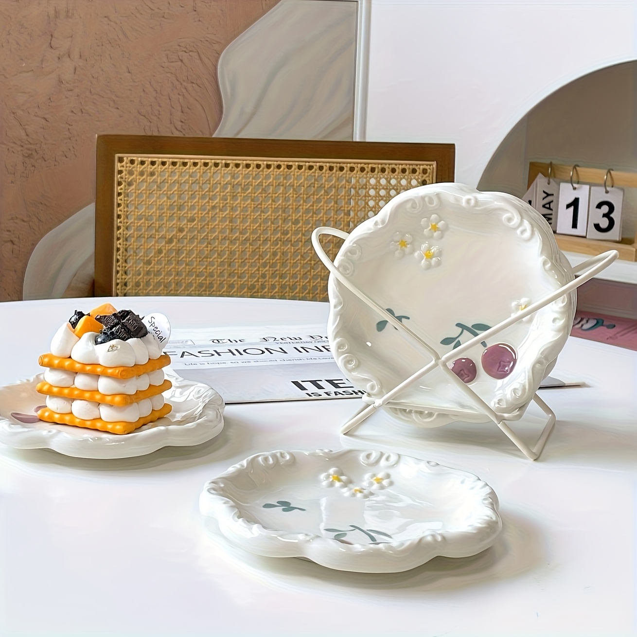 2pcs set of ceramic relief patterned plates fresh and cute bone spitting plates ceramic household new high end dining table garbage tray desktop exquisite small plate dessert plate   dining plate sushi plate coffee cup plate tea plate Product details 7