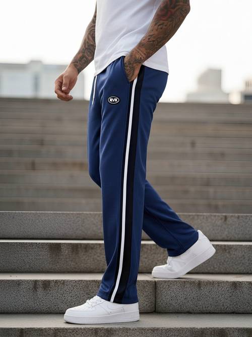 straight leg joggers with color sides and embroidery detail