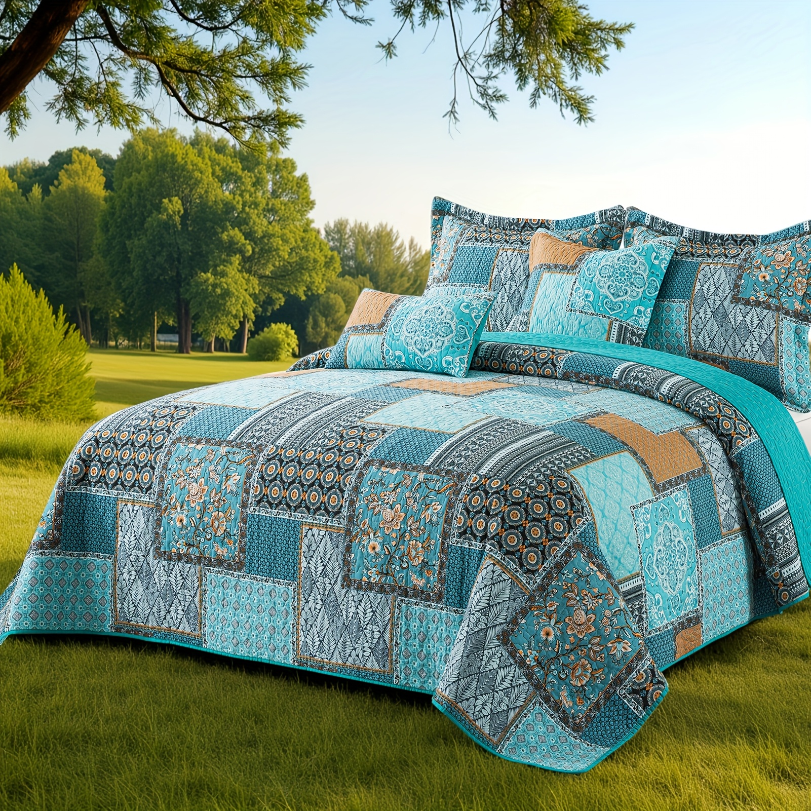 [Teal Farmhouse Quilt] 3pcs Cotton Teal Farmhouse Quilt Bed Comforter Set | Queen King Size Bedding Set for Room Decor, Oversized King Size Bedspread Set, 90x98 In, 98x106 In, 108x118 In