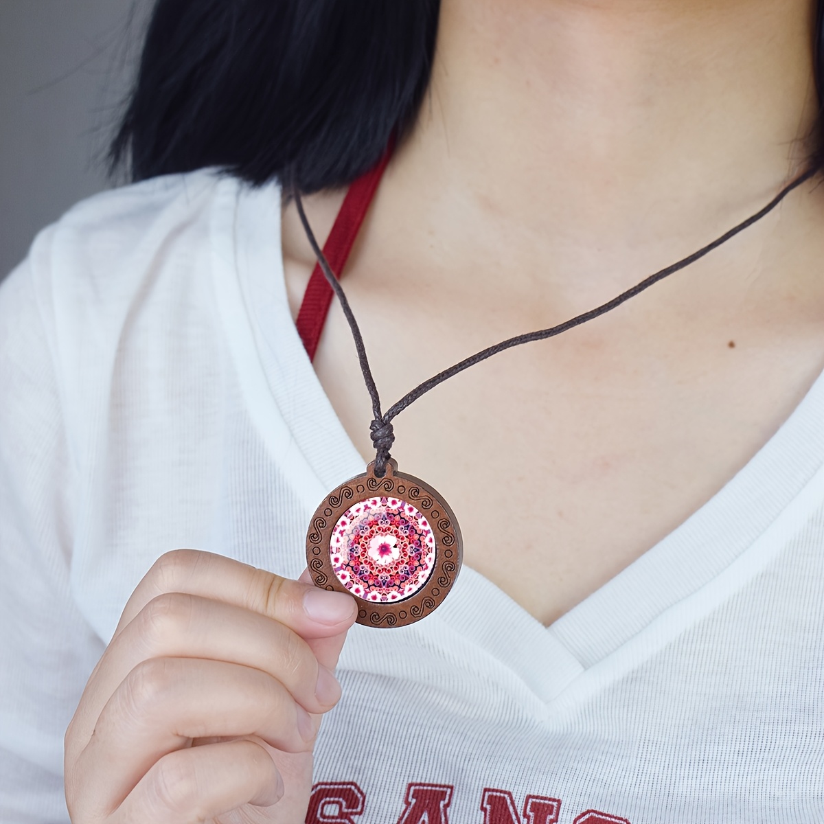 Mandala Wood & Glass Bead Pendant Necklace, Adjustable