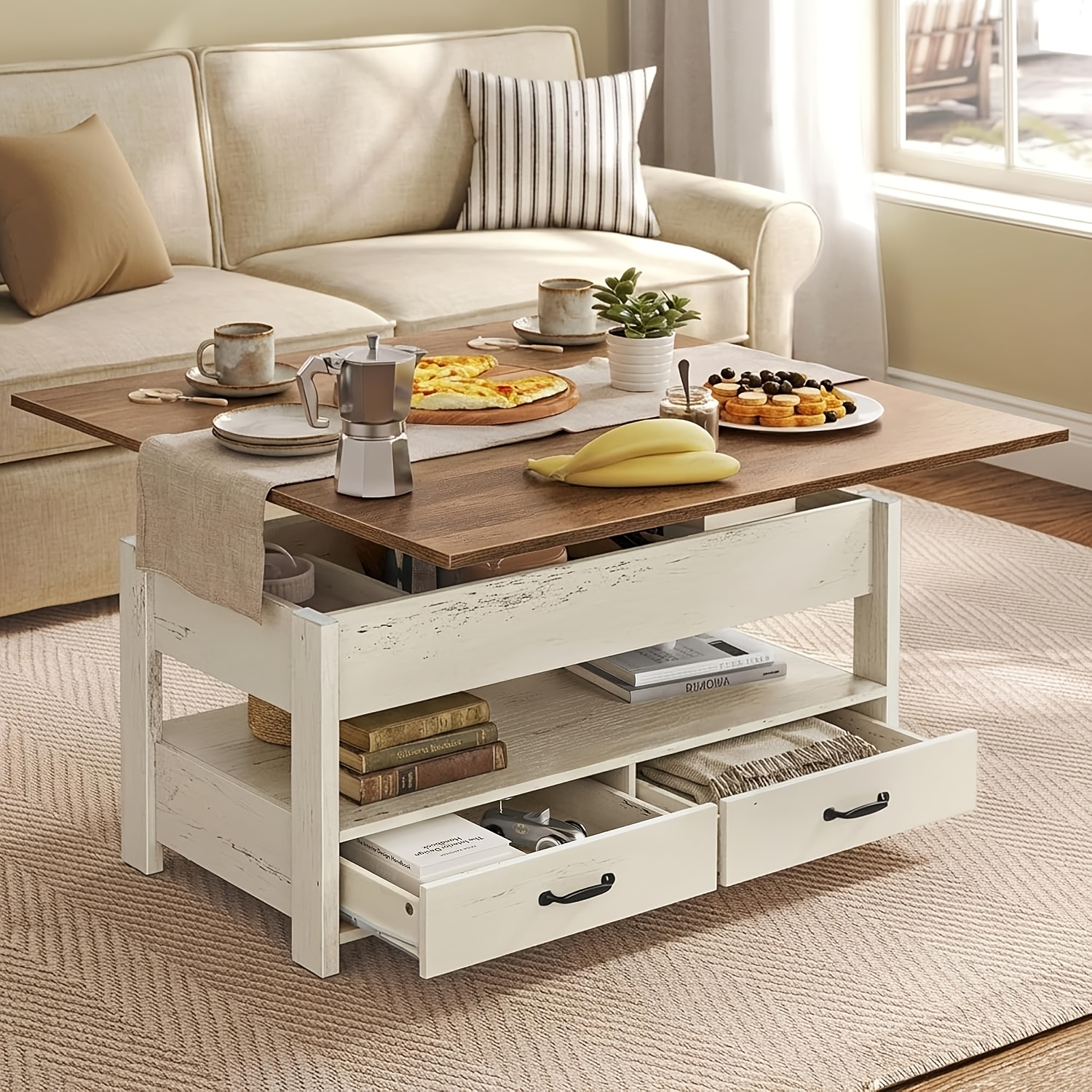 TEMU Table basse relevable, table console avec rangement, à ressort à gaz, 2 tiroirs et 3 compartiments cachés, étagère ouverte, pour salon, bureau à