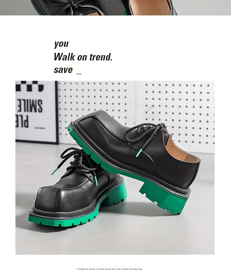 [Trendy Japanese Men's Shoes] Trendy Japanese High-end Popular Men's Shoes | Small Square Head Thick Sole Green Derby Casual Heightening Ins