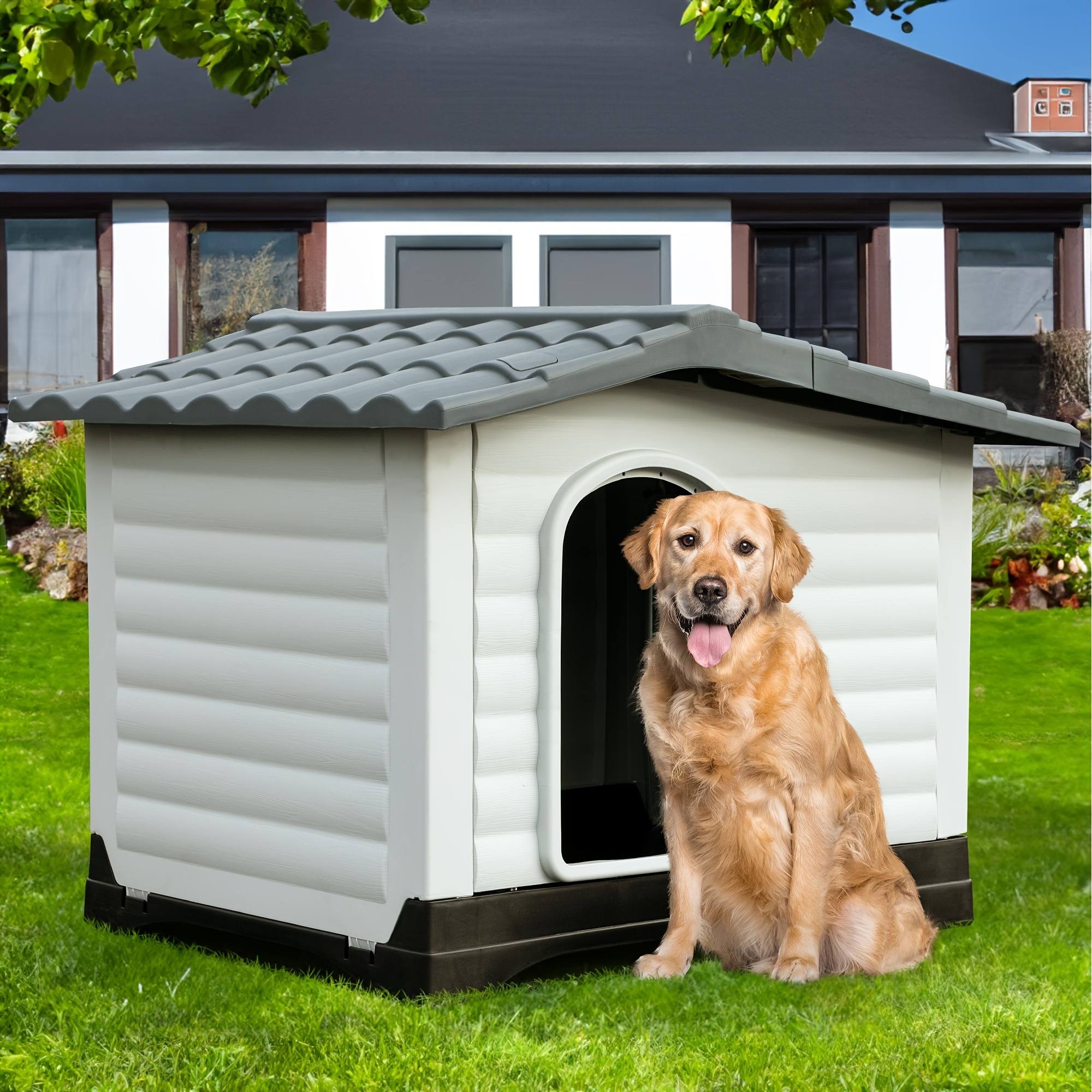 

Yarsca Large Double Door Dog House With Porch & Cushion, Outdoor Plastic Doghouse With Elevated Base, Easy To Install, Water-resistant Pet House For Medium Large Dogs