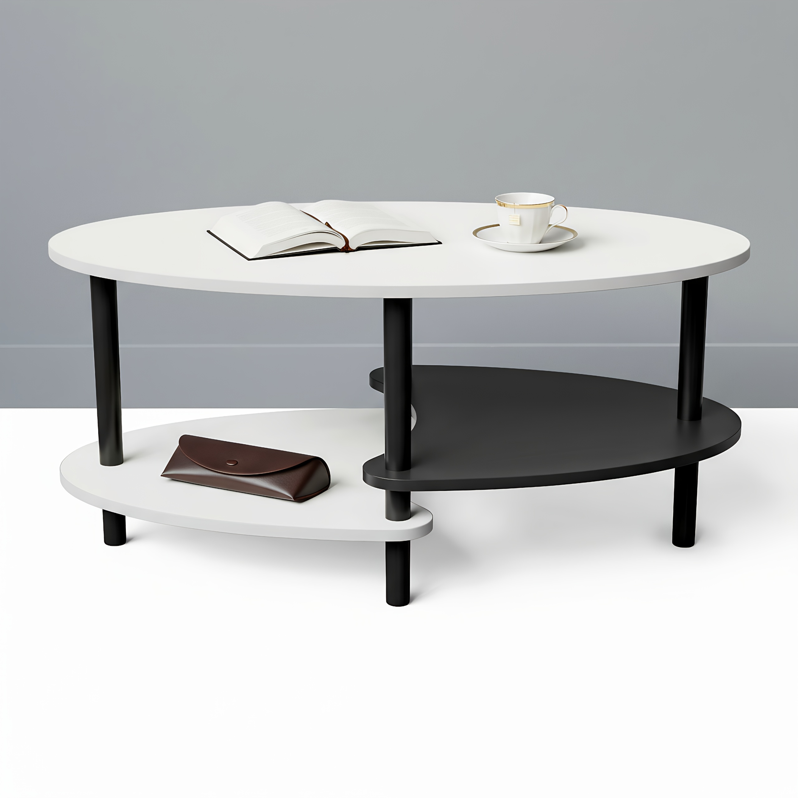 Two-tier Coffee Table, Suitable For Living Rooms And Studies, 90x50x42cm, Black And White, Oval Side Table, Double-layer End Table, Made Of Wood, Classic Styletyle, Suitable For Occasions