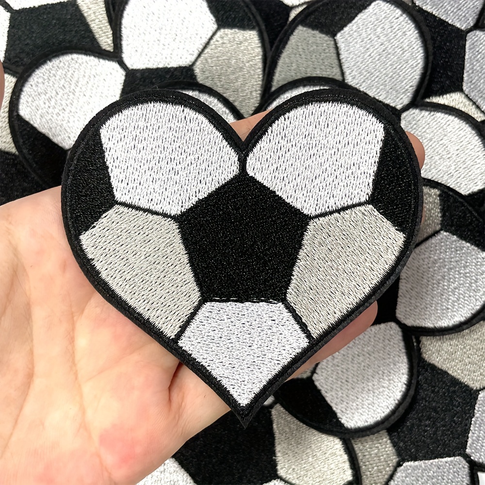 

12pcs Heart-shaped Soccer Embroidered Patches - Black & White Football Design, Iron-on/sew-on Appliques For Clothing, Dresses, Hats, Jeans, Bags &