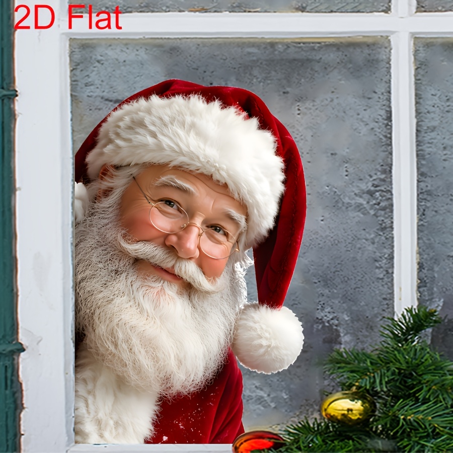 TEMU 2d Flat - 2d Flat - 2d Flat Realistic Peeking Santa Claus Print, Christmas Static Clings Window Sticker, Double-sided , Reusable No Residue