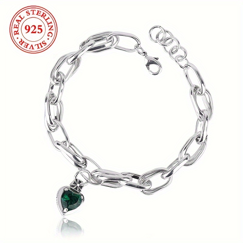 

Sterling Silver S925 Green Zirconia Crown Heart Charm Bracelet, Vintage & Simple Style, 8g/0.282oz Elegant Fashion Wrist Jewelry