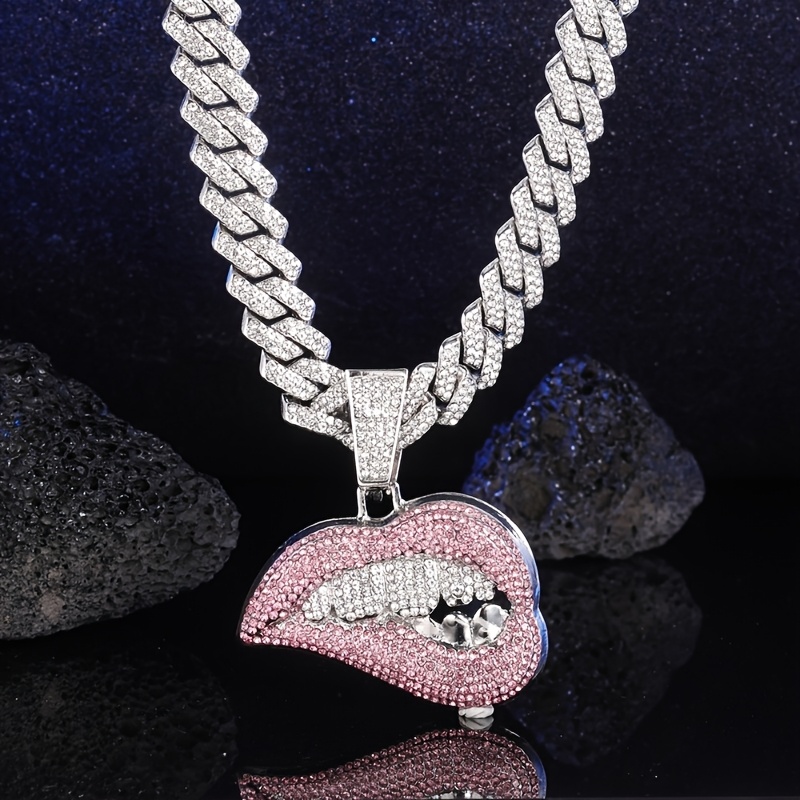 TEMU 1pc Pink Lip Pendant Necklace For Women With Choker Ice Cuban Chain Miami Men's And Women's Hip Hop Cuban Link Chain Necklace For Women Men