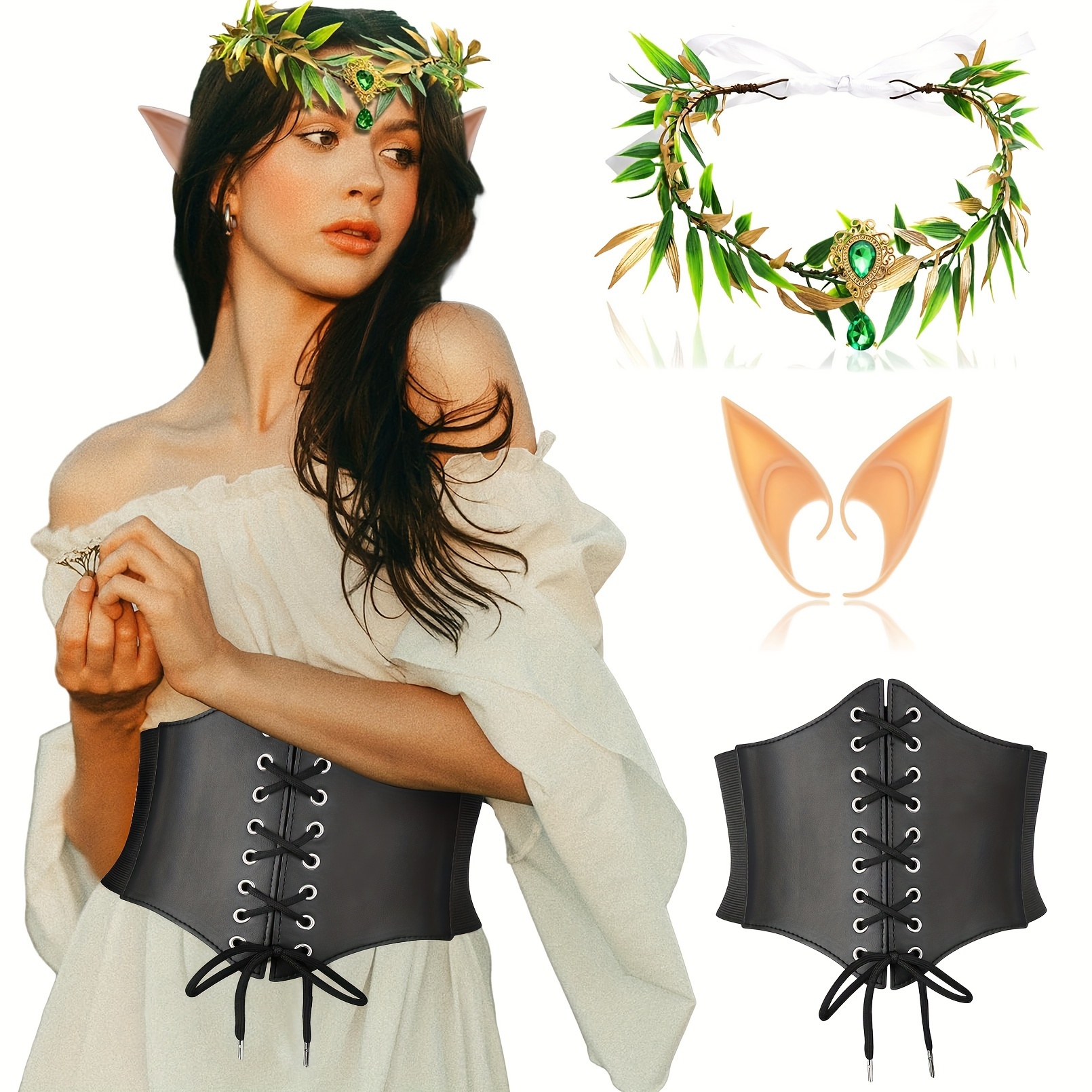 

Elf Princess Costume Set, Romantic Style, & Gemstone Ring, Elf Ears, Waist Cincher With Beaded Embellishment, Leather Material, No - Only