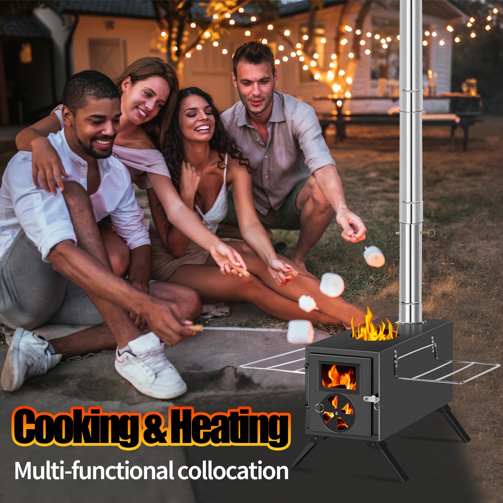 TEMU Wood Burning Stoves, Patio Stoves, Tent Stoves, Portable With Chimney Pipe, Front Window, Side Racks, Patio Wood Burning Stoves For Outdoor