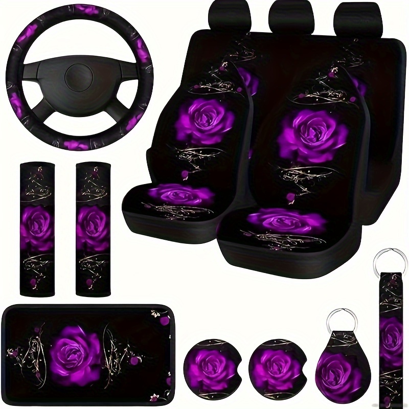 

13pcs/set Purple And Blue Rose Flower Car Seat Covers, Full Set, Steering Wheel Cover, Front Seat Cover, Armrest Cover, Car Cup Holder, Seat Belt Cover, Keychain - Suitable For Sedan Suv