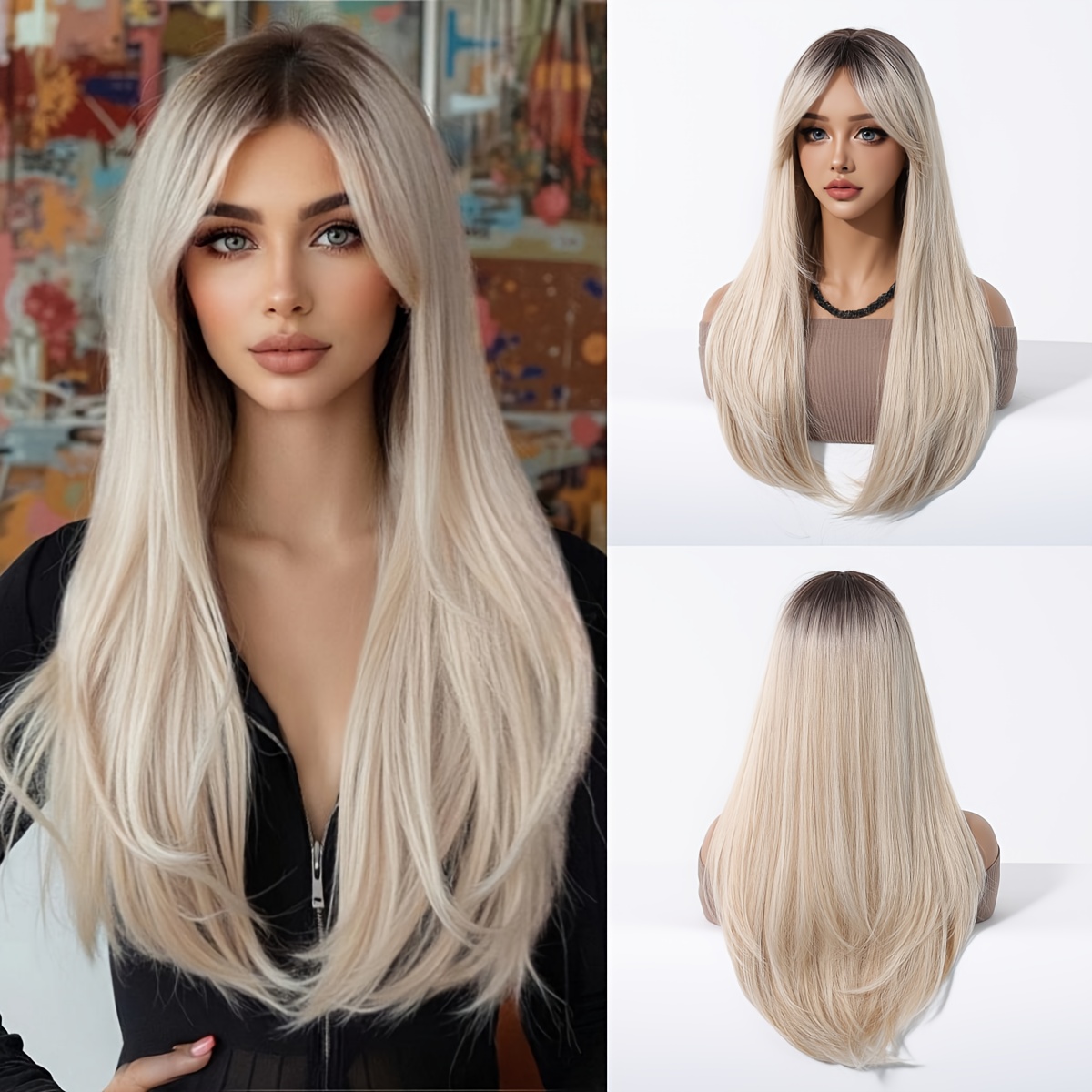 Image of -inch Long Straight Layered Wig With Bangs, Made Of Soft Synthetic Material, Featuring A Blend Of Golden And Mixed Dye. This Stylish Wig Is Wear, Christmas, Music Festivals, Parties, Cosplay, And