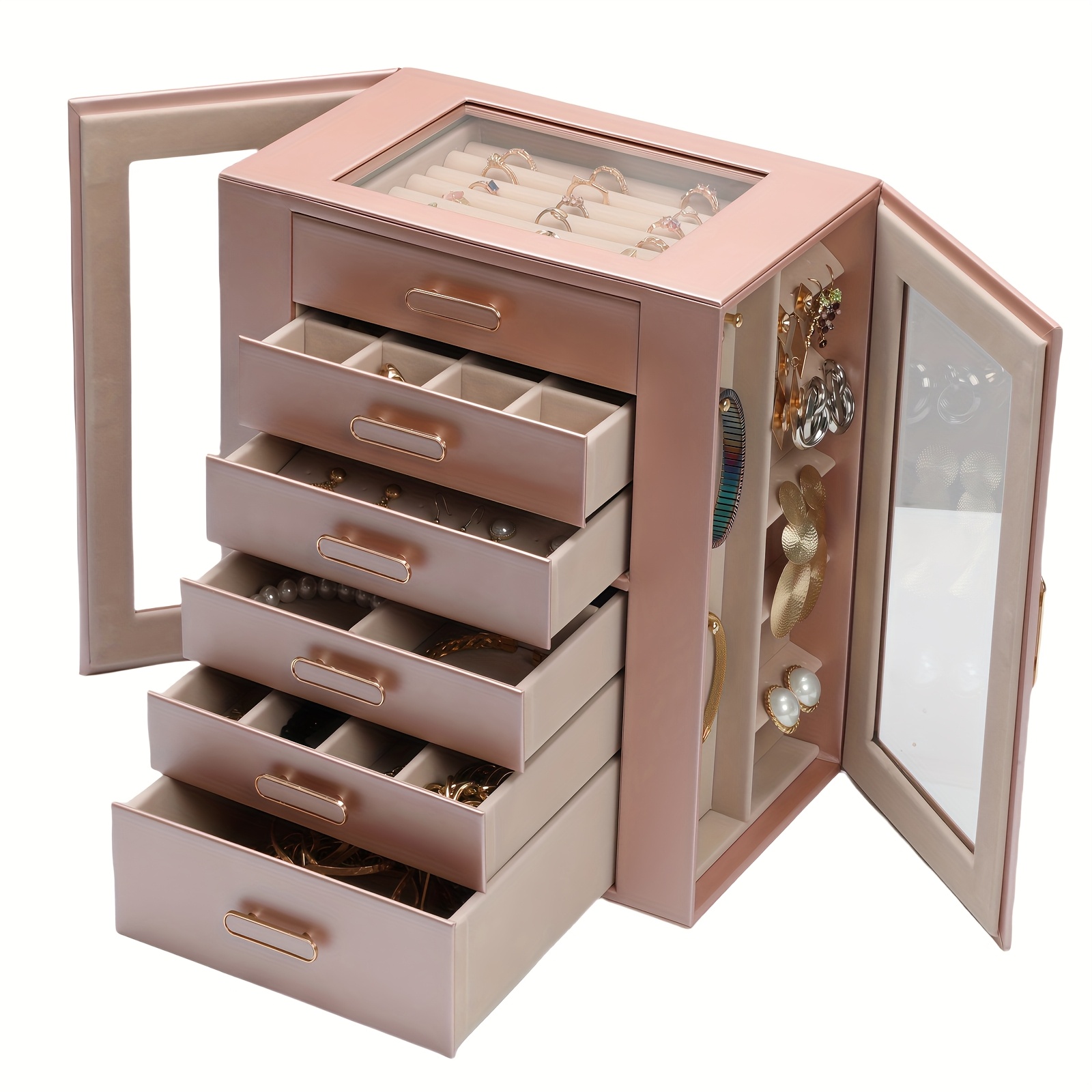 womens jewelry box 6 tier large capacity jewelry storage box top transparent viewing display case with 5 drawers and 2 side glass doors for showcasing jewelry and organizing synthetic   leather jewelry storage box   Product details 8