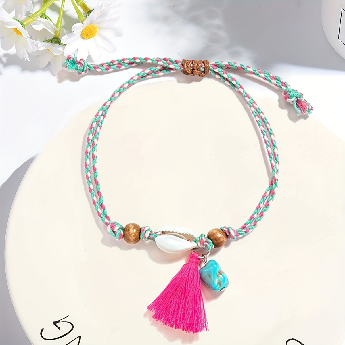 Women's Woven Anklet with Shell Tassel & Turquoise Pendant