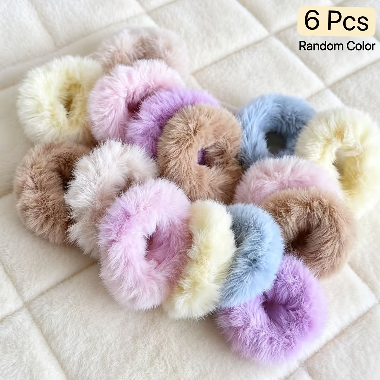 TEMU 6pcs/15pcs Random Colors Faux Rabbit Fur Plush Ponytail Holder Set, Cute High-elastic Hair Ties Non-damaging, Women's Ponytail Bun Hair Bands,