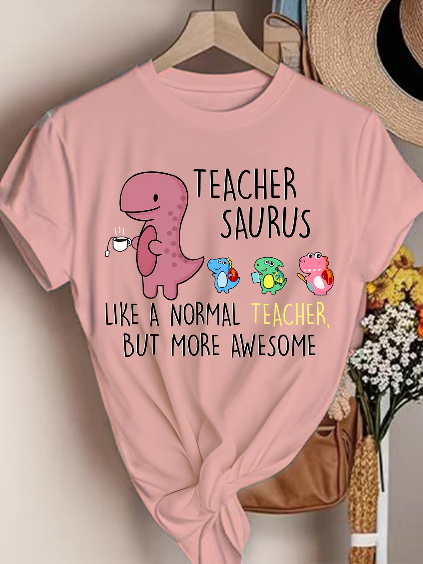 Women's Casual Short Sleeve Crew Neck T-Shirt Dinosaur Teacher Print  with &*;More Awesome&*; *e, Pink White Graphic Tee, Regular Fit H-Silho