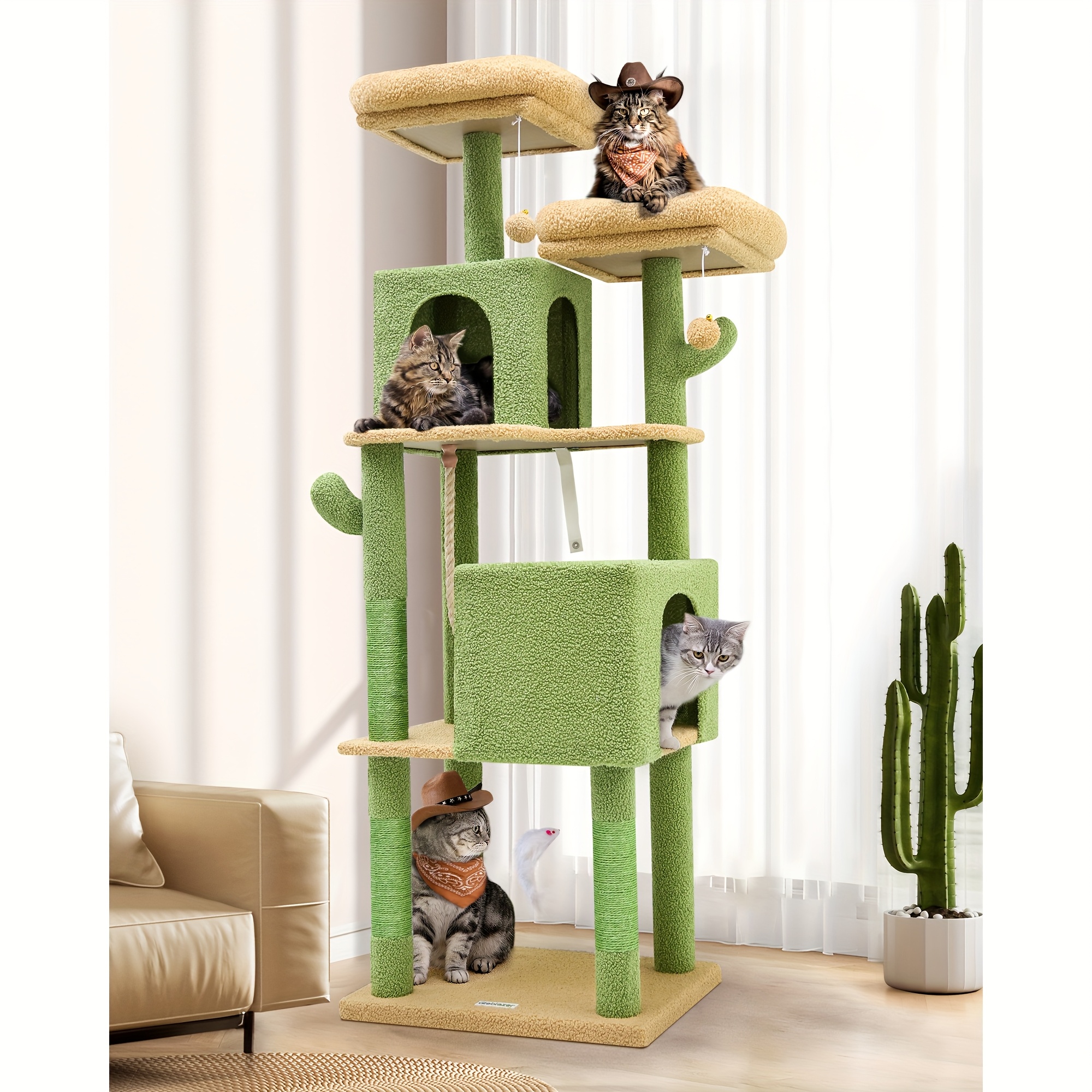 42-Inch Cactus Cat Tree With Scratching Posts - Multi-Level Cat Tower With Condo & Toys For Indoor Cats