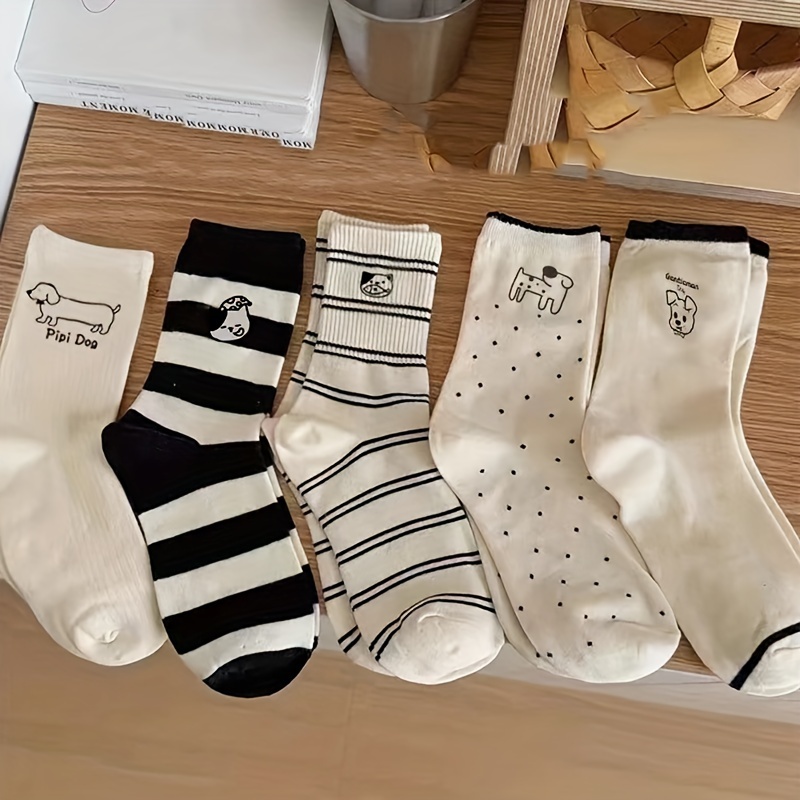 

5pcs Women's Cute Cartoon Puppy Striped Mid-calf Socks - Elegant & Comfy Polyester , Fall/winter