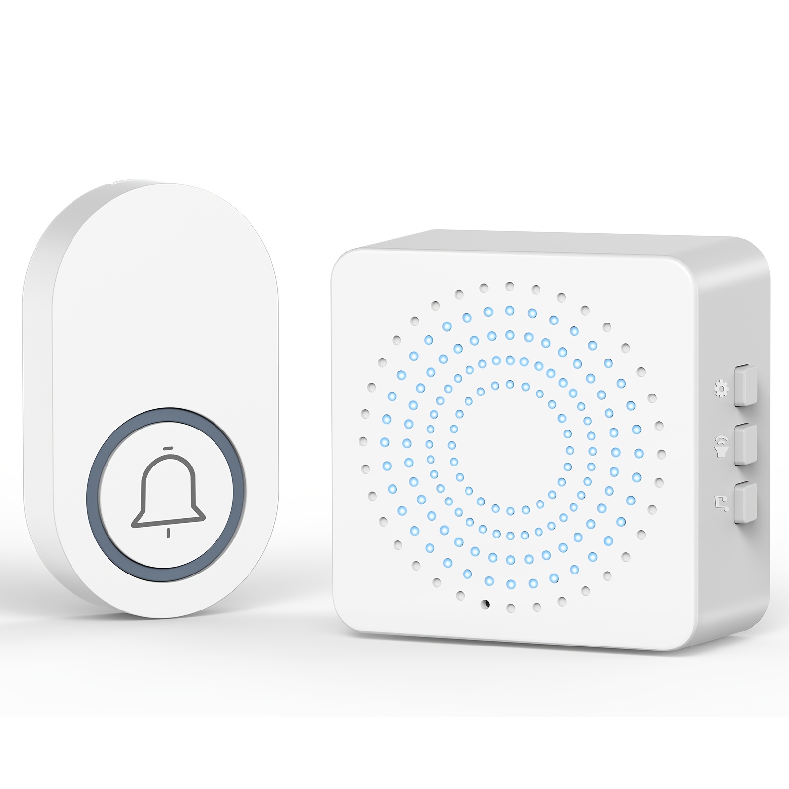 a pair of small usb powered portable wireless   doorbells featuring 3 adjustable volume levels and 38 selectable   suitable for use in homes guesthouses and hotels