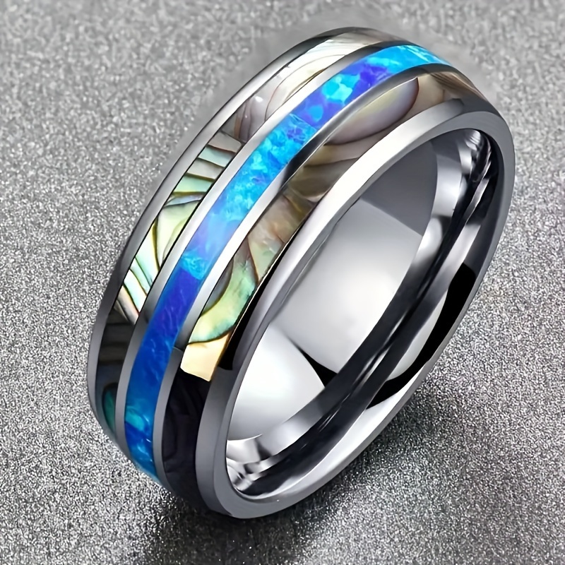 

Fashionable Men's Tungsten Steel Ring With Simple Inlaid Colorful Seashell Jewelry, Wedding Engagement Jewelry