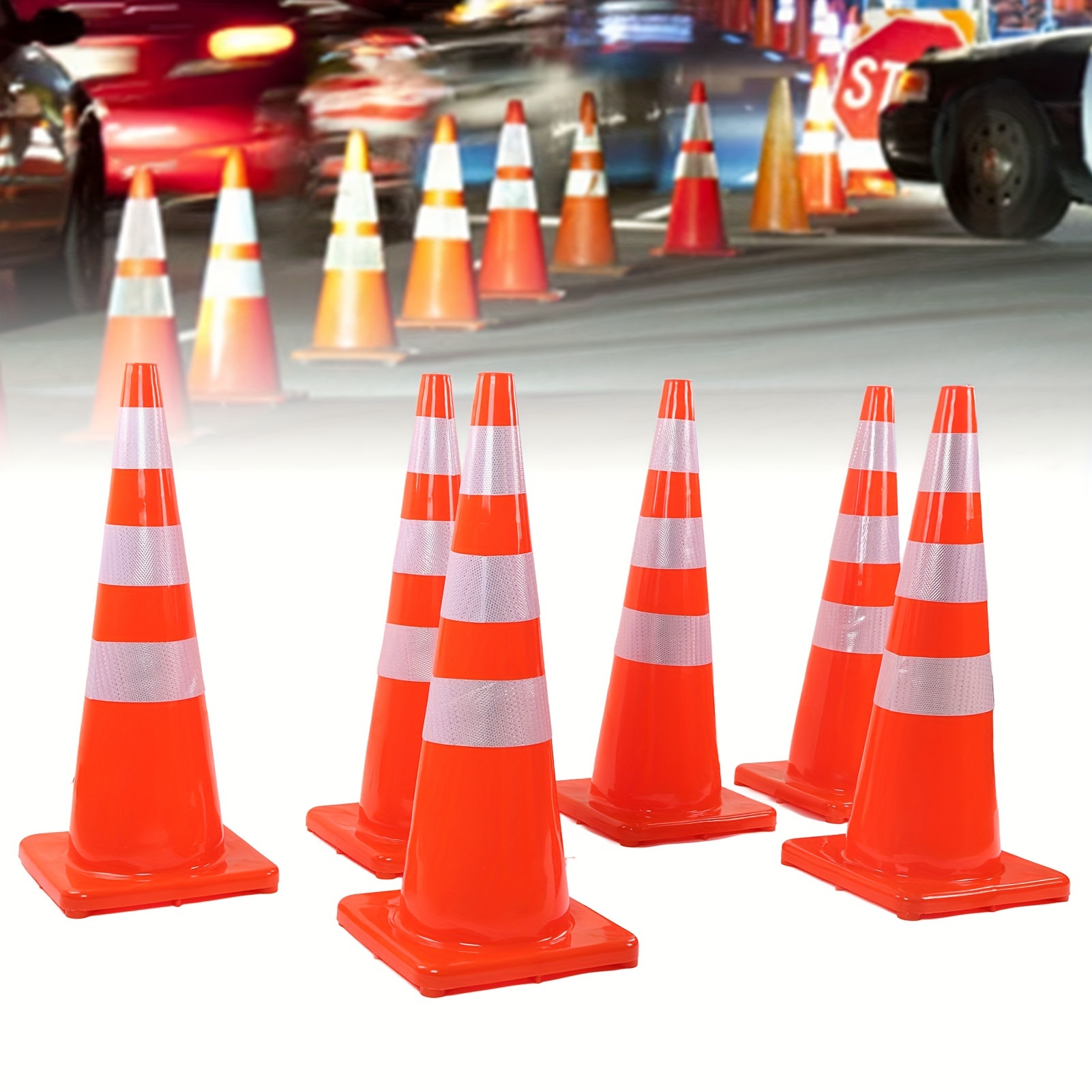 

6 Pack , 36" Pvc Safety Cones With Reflective Collars, Parking Training Construction Plastic Road Cones For Parking Lot, Driveway Road, Traffic Control