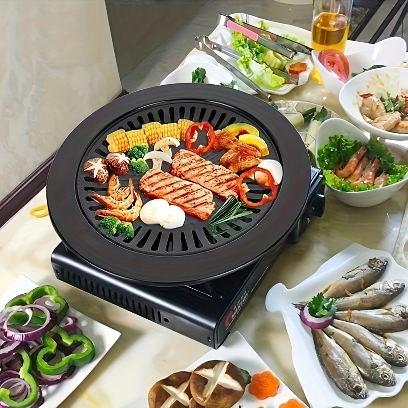 round double layer griddle korean traditional barbecue   non stick griddle suitable for indoor outdoor and outdoor camping use easy to carry large capacity