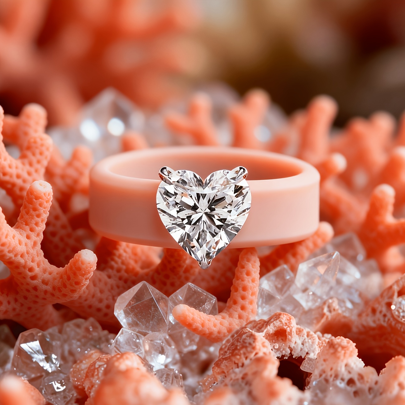 14K Gold-plated Khaki Silicone Ring with Heart-shaped CZ