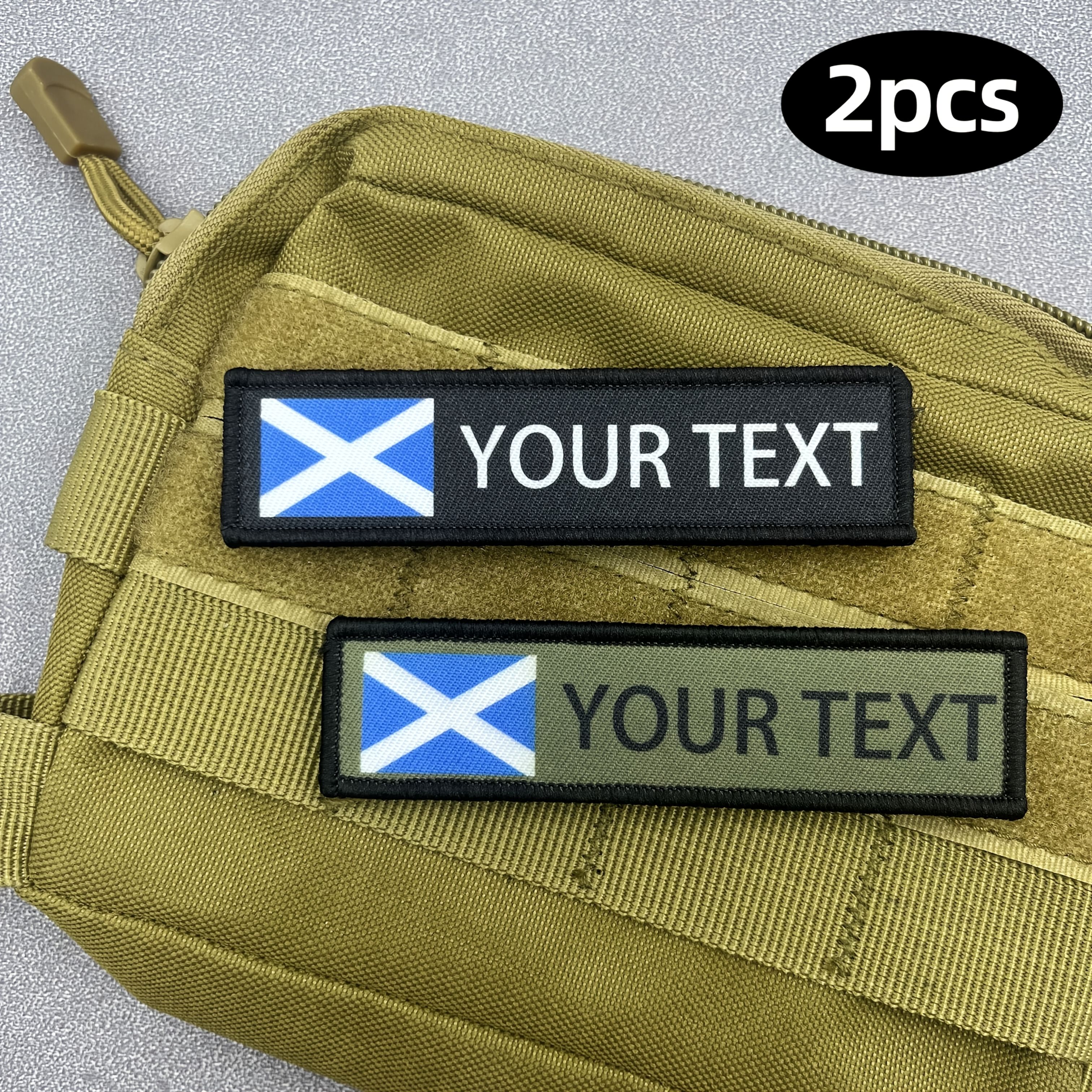 TEMU 2pcs Customizable Scotland Flag Tactical Patches - Personalized Name Text, Name Badge With Hook & Loop Backing For Vests, Backpacks, And Gear