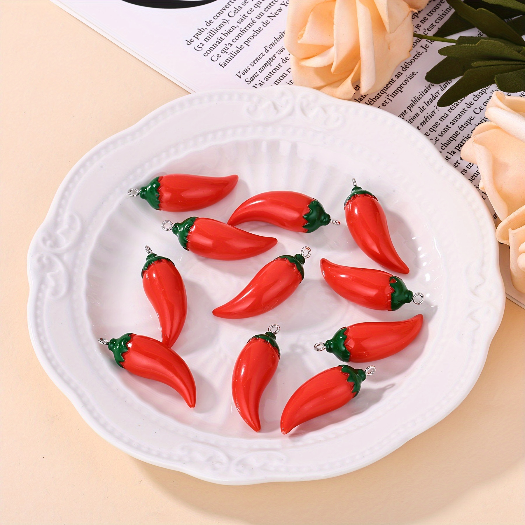 

10pcs Vibrant Chili Pepper Charms - Realistic Small Hot Pepper Pendants With Green Stems For & Craft Accessories