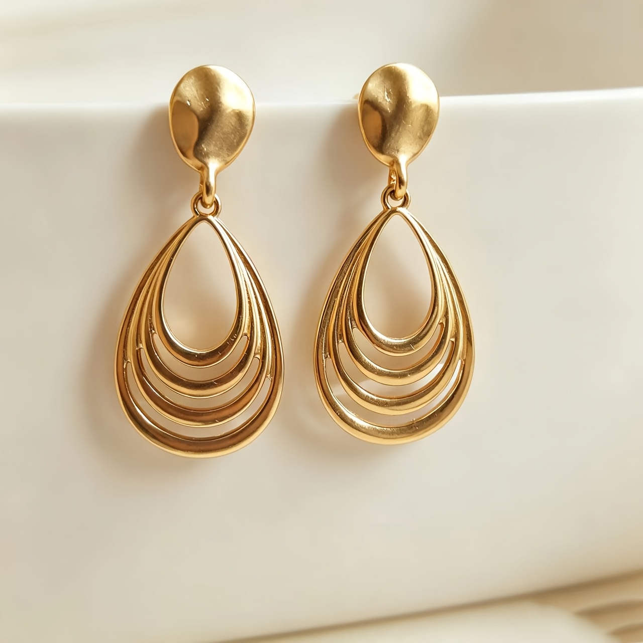 TEMU Gilded Multi-layered Openwork Teardrop-shaped Alloy Drop Earrings, Suitable For Daily Wear And Parties