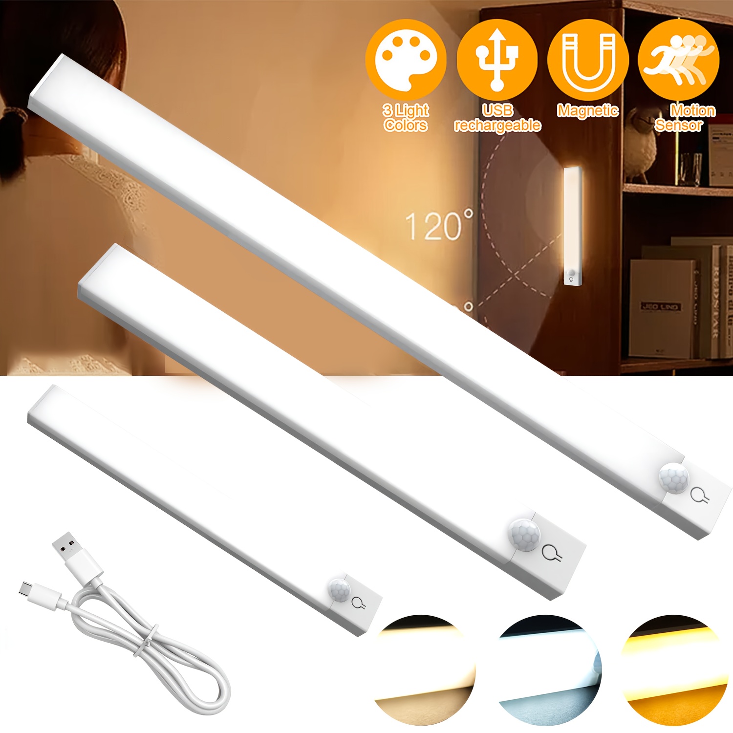 led motion sensor under cabinet light   dimming 3 color temperatures 360 panoramic sensing for cabinets bedrooms offices desks bedside reading lights halloween christmas gifts