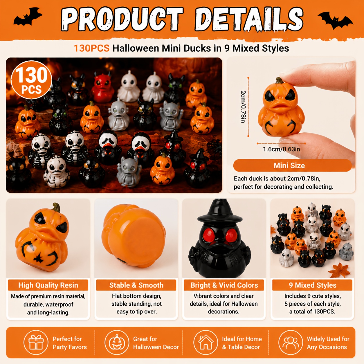 TEMU 130pcs Halloween Resin Duck Decorations, Mixed Style Mini Duck Figurines For Tabletop Ornaments, Halloween Party Gifts, Tiered Tray Decor And