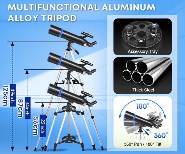 80mm Großöffnungs-Refraktor-Teleskop 180x HD, 600mm Brennweite, 24x-180x Zoom für Sternenbeobachtung Mondbeobachtung. Inklusive Handy-Adapter, Stativ, Barlowlinse, Sucherfernrohr, Mondfilter tragbarer Tragetasche. Ideal für Erwachsene, Studenten Astronomie-Anfänger. Perfekt für Weltraumforschung