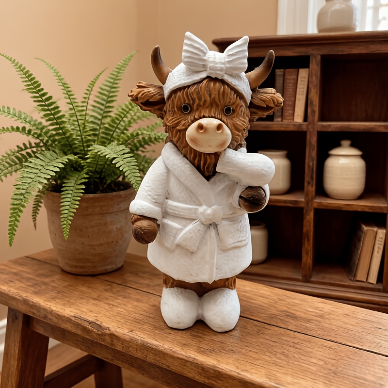 TEMU 1pc Cute Highland Cow Statue Ornament, Home Bathroom Decor, Resin Material Sculpture, Suitable For Room, Bathroom, Desk Decoration, Ideal Gift