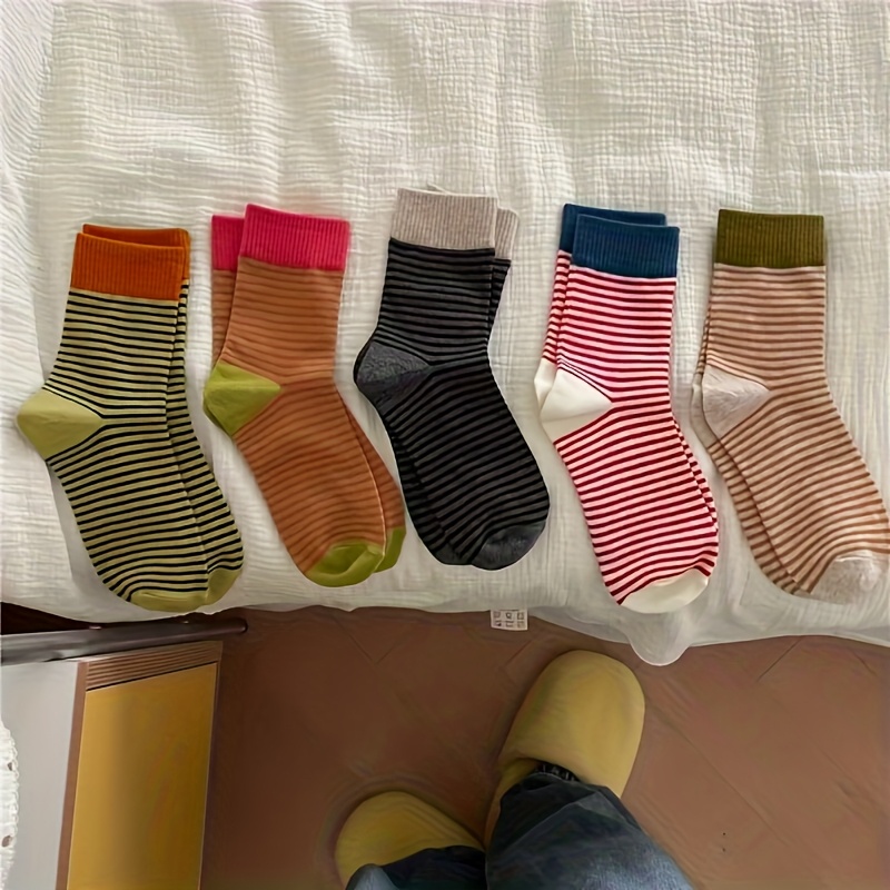 E-shop 5 Paar farbblockierte, gerippte -gestreifte Herbst/Winter-Slouchy-Socken, Freizeit-Wadenhohe Socken im College-Stil