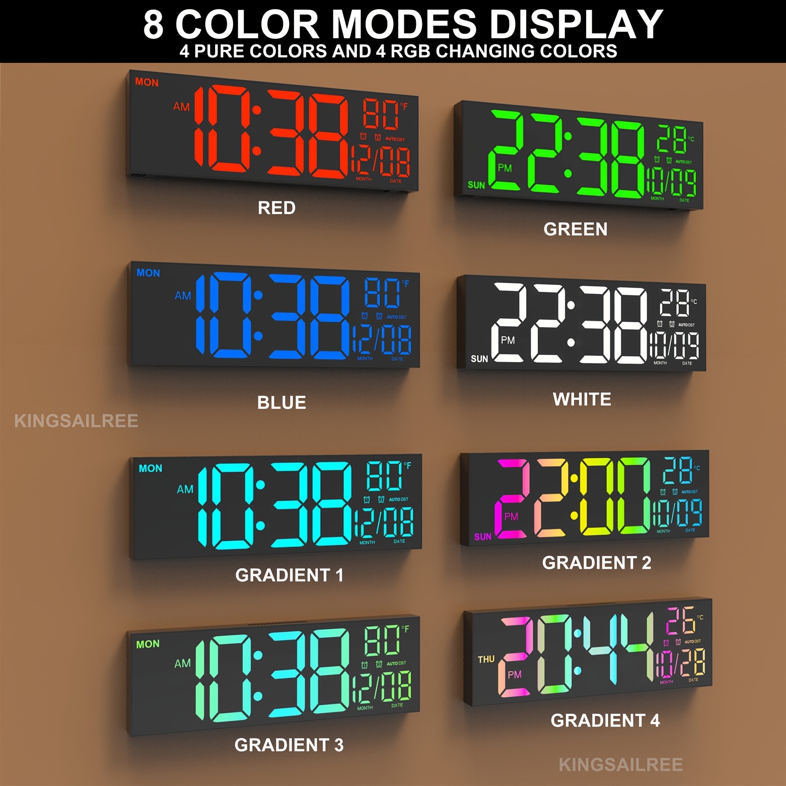 1pc Simple 40.64 cm Large Digital Wall Clock, Remote Control, Double Alarm Clock, 8 RGB Colors, DST Switch, Adjustable Brightness, Square Design Room and Bedroom Decor, Home Clock. (powered by USB)