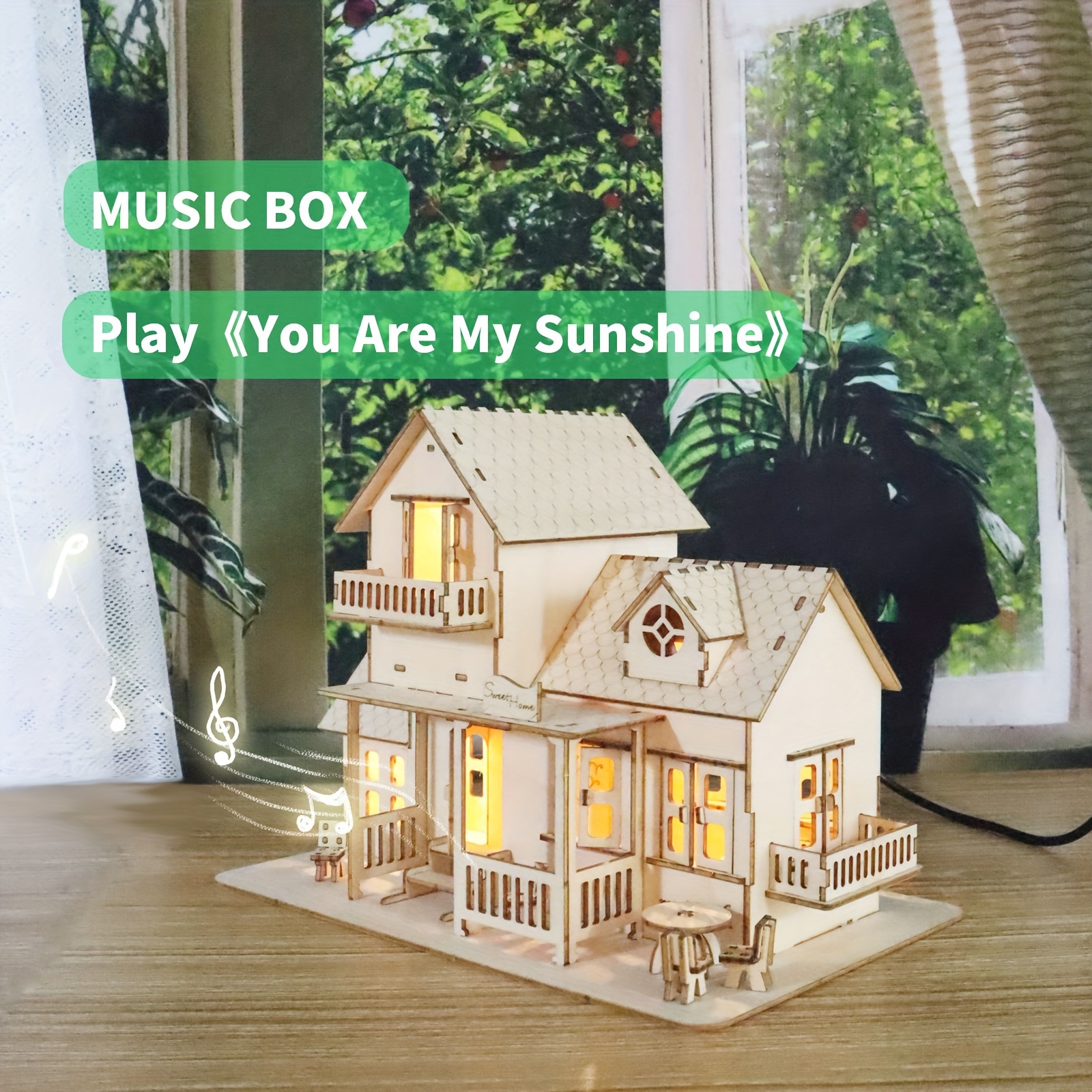 

3d Wooden Puzzle Sweet Home Music Box Craft Model Dollhouse Kits Diy House Building With Led Night Lights Gifts For Christmas