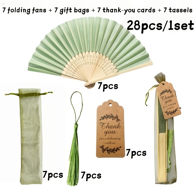 TEMU 28pcs Set Of Fabric Handheld Folding Fans With Thank You Cards And Tassels, Including 7 Folding Fans   7 Gift Bags   7 Thank You Cards   7